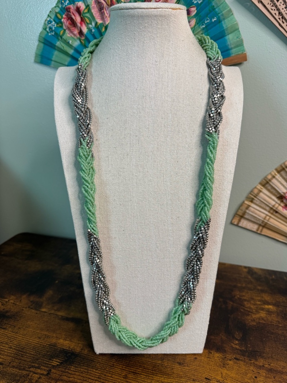 LOFT Braided Seed Bead Torsade Necklace in Mint and Silver-Tone